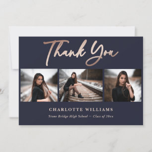 Carte De Remerciements Elégant bleu marine et Rose Gold Photo Graduation