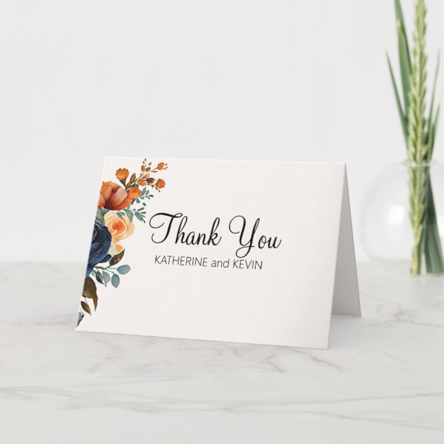 Carte De Remerciements Elégant bleu marine Orange aquarelle Floral (Devant)