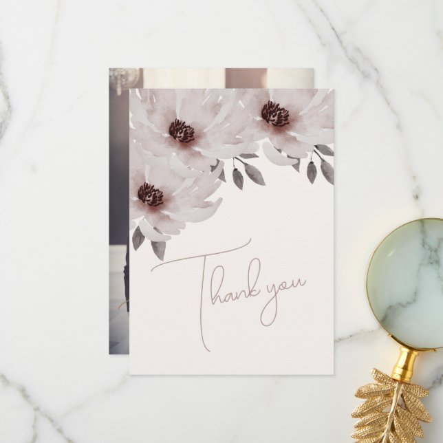 Carte De Remerciements Elégant bleu rose Aquarelle Floral Mariage photo (Devant/Arrière en situation)