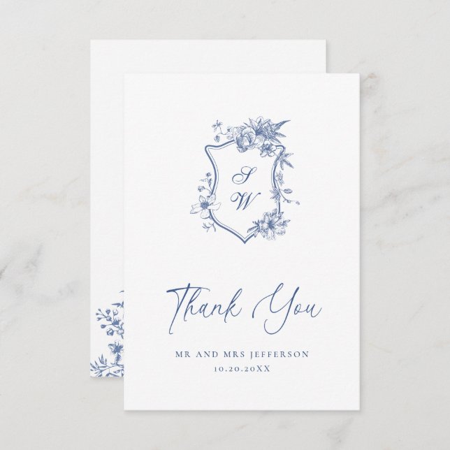 Carte De Remerciements Elégant Bleu Rose Jardin Floral Mariage (Devant / Derrière)
