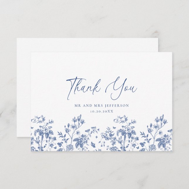 Carte De Remerciements Elégant Bleu Rose Jardin Floral Mariage (Devant / Derrière)
