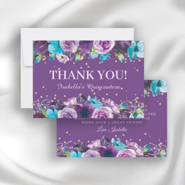 Carte De Remerciements Elégant bleu violet Floral Quinceañera Anniversair (Créateur téléchargé)