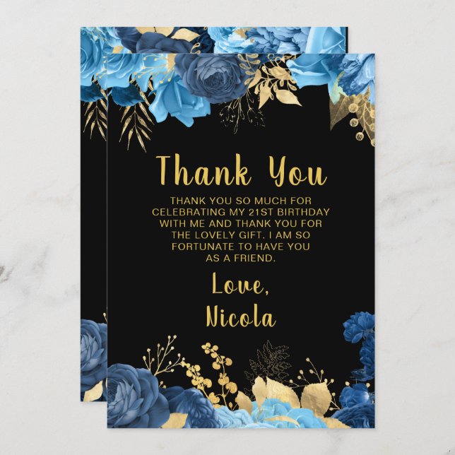 Carte De Remerciements Elegant Blue and Gold Flowers Birthday Party (Devant / Derrière)