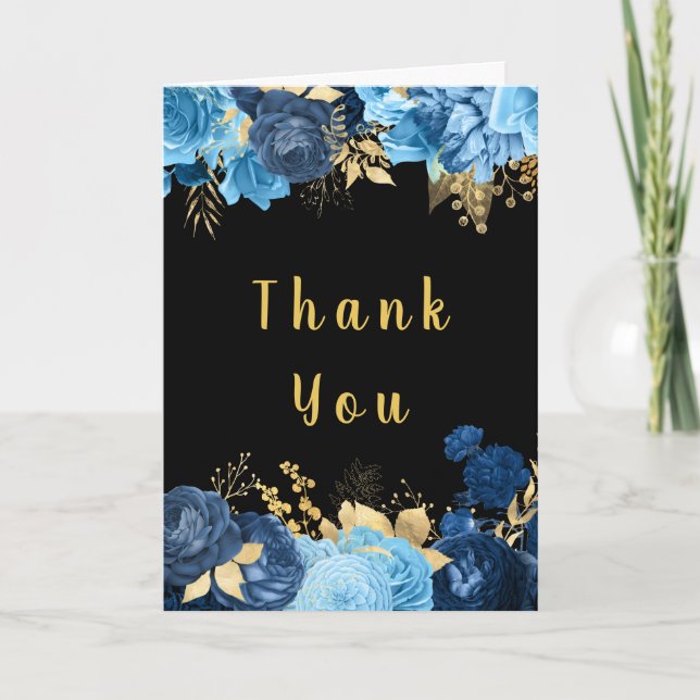 Carte De Remerciements Elegant Blue and Gold Flowers Hanukkah Party (Devant)