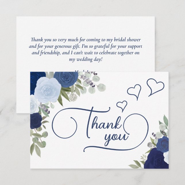 Carte De Remerciements Elegant Blue Boho Chic Roses Fête de Mariage (Devant / Derrière)