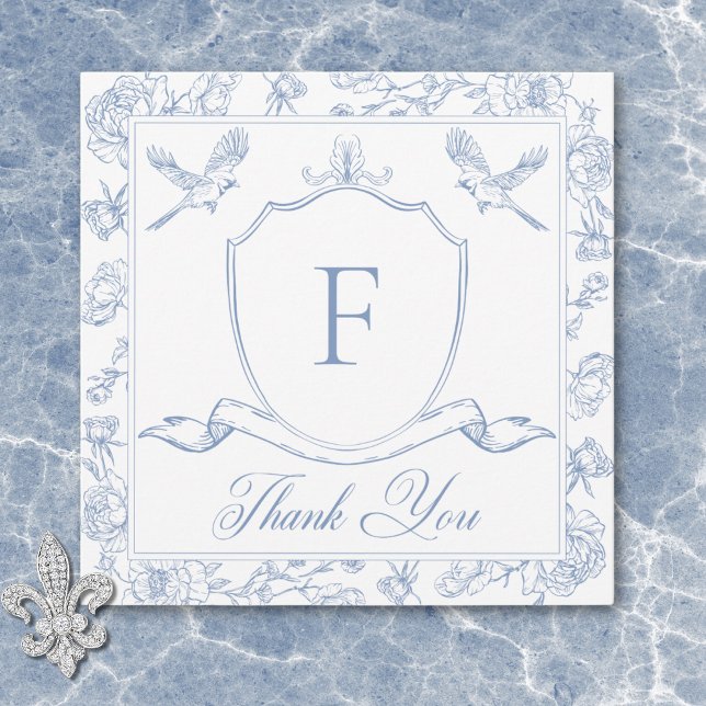 Carte De Remerciements Elégant Blue Chinoiserie Bird & Crest Mariage (Elegant Blue Chinoiserie Bird & Crest Wedding Thank You Card)