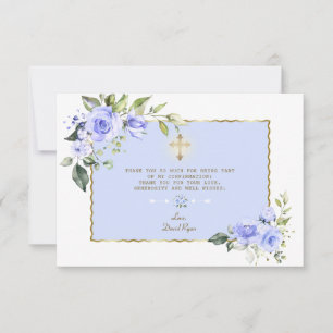 Carte De Remerciements Elégant Blue Floral Gold Cross Boy Confirmation