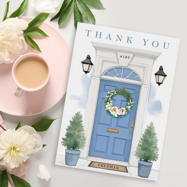 Carte De Remerciements Elegant Blue Front Door Housewarming  (Thank you card)