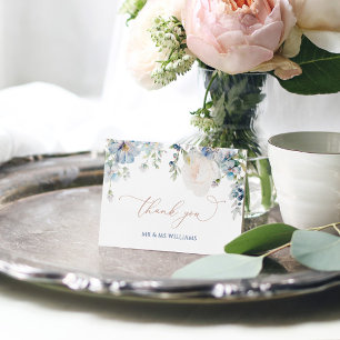 Carte De Remerciements Elégant Blue Hidrangea et Mariage Rose