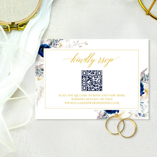 Carte De Remerciements Elegant Blue Mariage Website RSVP QR Code Card (Créateur téléchargé)