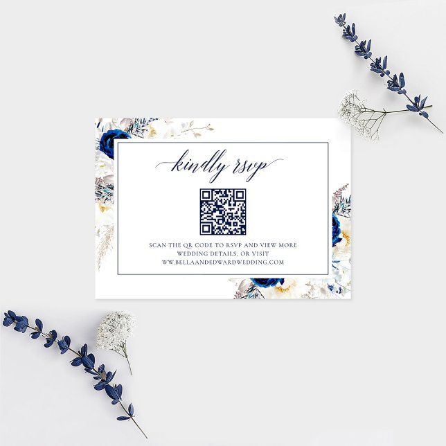 Carte De Remerciements Elegant Blue Mariage Website RSVP QR Code Card (Créateur téléchargé)