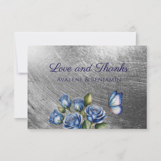 Carte De Remerciements Elegant Blue Roses Butterfly Silver Wedding (Devant)