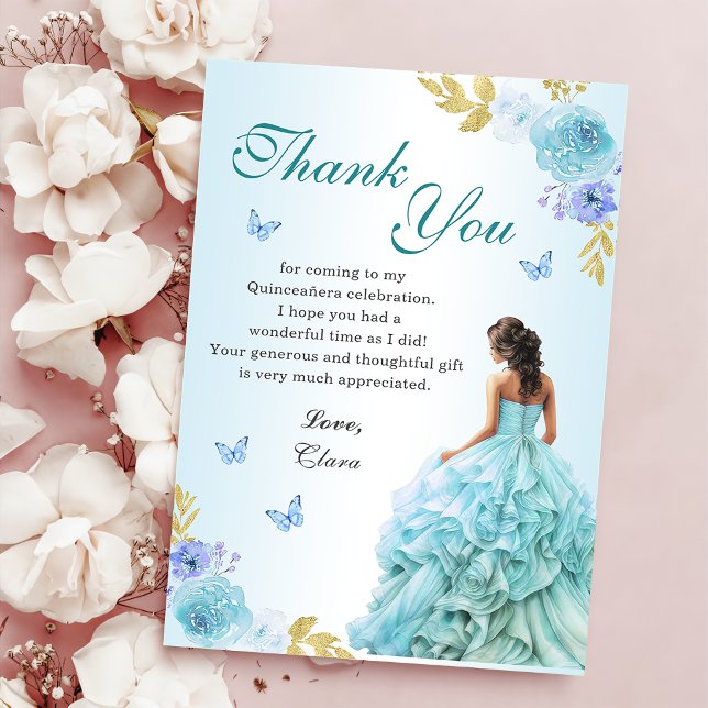 Carte De Remerciements Elégant Blush Blue Floral Quinceañera Anniversaire (Créateur téléchargé)