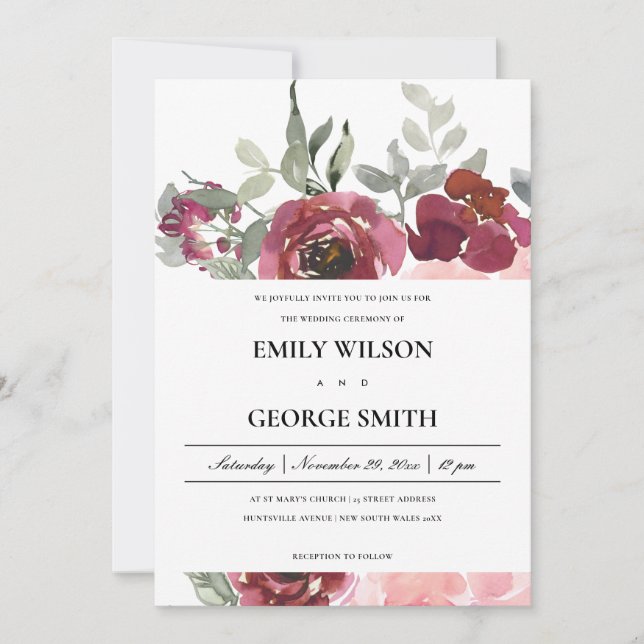 CARTE DE REMERCIEMENTS ÉLÉGANT BLUSH BURGUNDY ROSE FLORAL MARIAGE INVITE (Devant)
