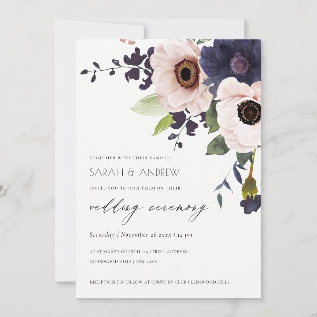 Carte De Remerciements Elégant Blush Navy Anemone Floral Wedding Invitati (Devant)