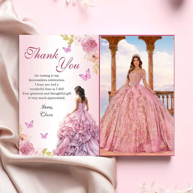 Carte De Remerciements Elégant Blush rose Floral Quinceañera Anniversaire (Créateur téléchargé)
