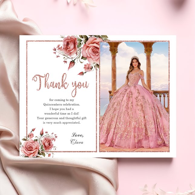 Carte De Remerciements Elégant Blush rose Floral Quinceañera Anniversaire (Créateur téléchargé)
