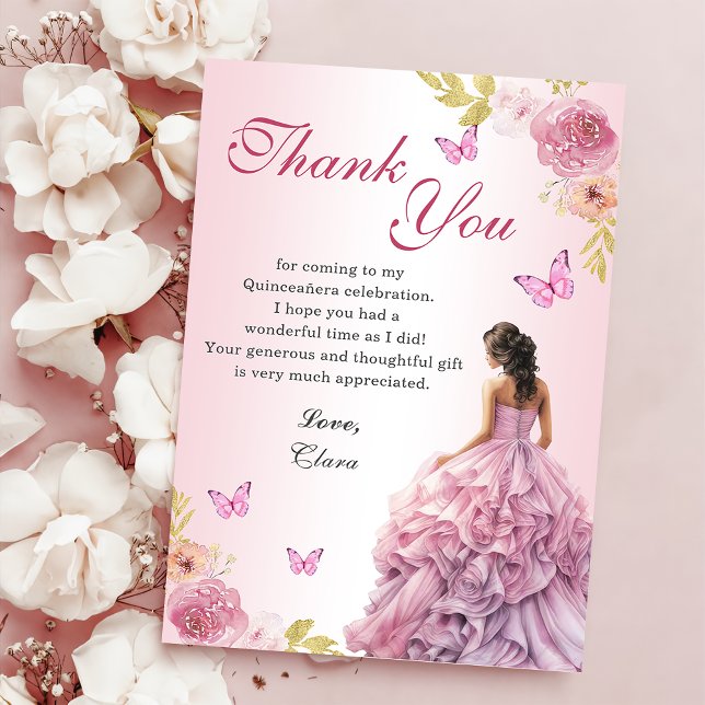 Carte De Remerciements Elégant Blush rose Floral Quinceañera Anniversaire (Créateur téléchargé)