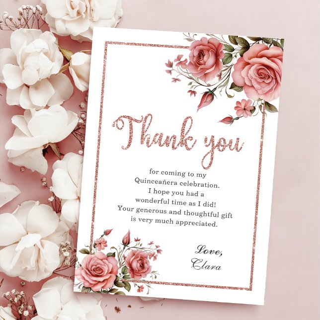 Carte De Remerciements Elégant Blush rose Floral Quinceañera Anniversaire (Créateur téléchargé)