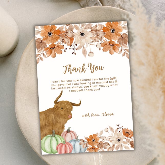 Carte De Remerciements Elégant Boho Automne Floral Highland Baby shower d (Elegant Fall Boho Floral Highland Cow Baby Shower Thank You Card)