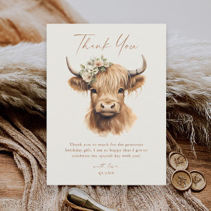 Carte De Remerciements Elégant Boho Highland Cow Anniversaire de enfant