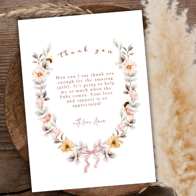Carte De Remerciements Elégant Boho Little Fleur sauvage Baby shower de c (Elegant Boho Little Wildflower Wreath Baby Shower Thank You Card)