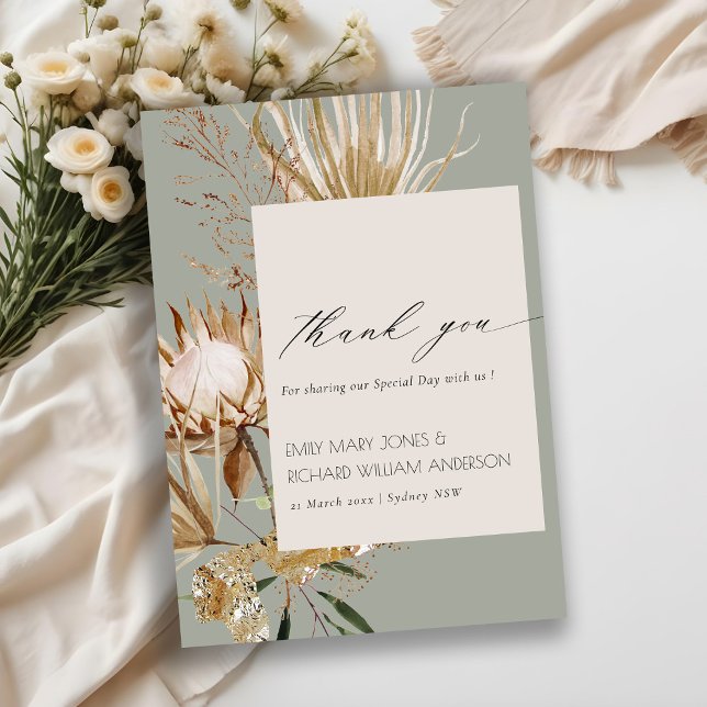Carte De Remerciements Élégant Boho Protea Séché Palm Floral Mariage (Créateur téléchargé)