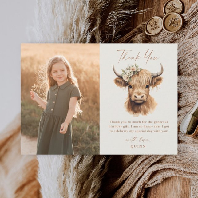 Carte De Remerciements Élégant Boho Vache des Highlands Enfants Photo Ann (Boho highland cow script kids photo thank you card.)