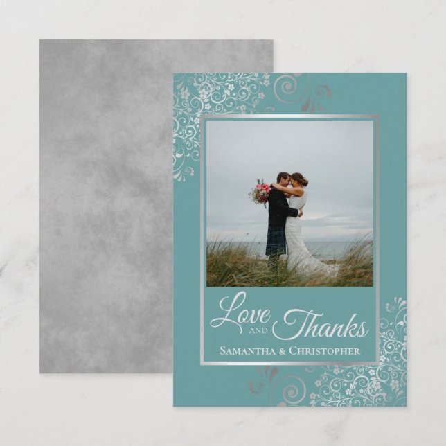 Carte De Remerciements Elégant boucles d'argent sur Turquoise Mariage d'a (Devant / Derrière)