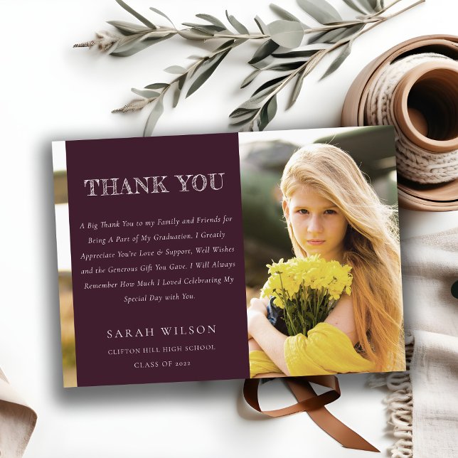 Carte De Remerciements Élégant Bourgogne Minimal Clean Photo Graduation (Créateur téléchargé)