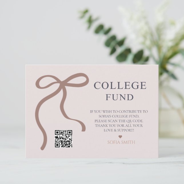Carte De Remerciements Elegant Bow Graduation College Fund QR Code (Debout devant)