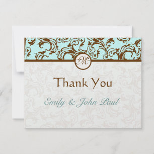 Carte De Remerciements Élégant Brown Vintage Damask sur Light Aqua Blue