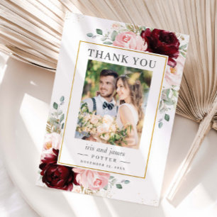 Carte De Remerciements Élégant Burgundy Blush Floral Photo Mariage