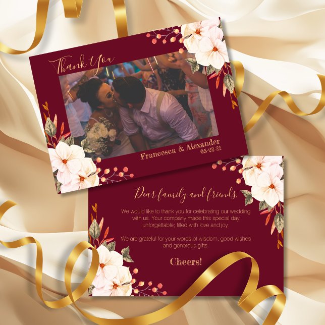 Carte De Remerciements Élégant Burgundy Blush Orange Floral (Créateur téléchargé)