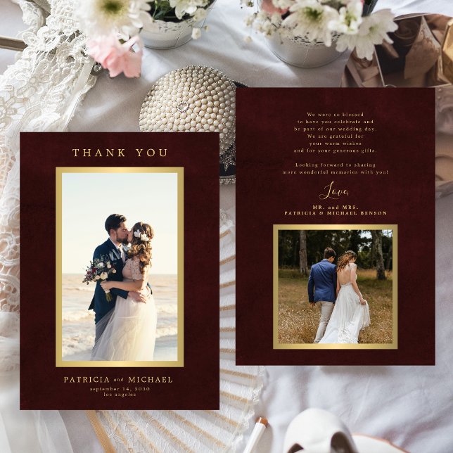 Carte De Remerciements Elegant burgundy gold photo wedding  (Créateur téléchargé)
