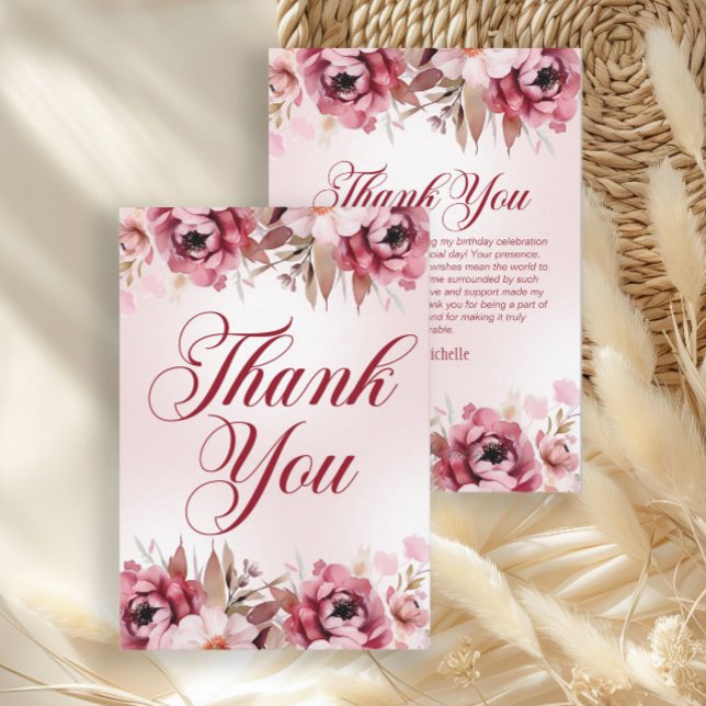 Carte De Remerciements Elegant Burgundy Pink Floral Birthday (Elegant pink floral birthday party thank you card)
