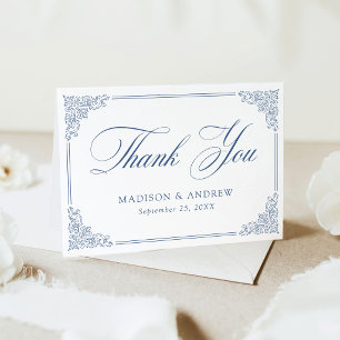 Carte De Remerciements Élégant Cadre de Mariage Orné Bleu Français Vintag
