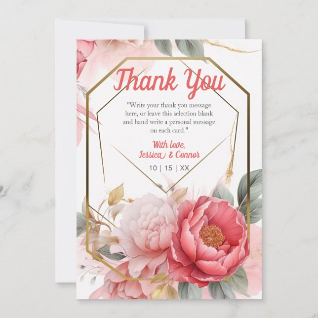 Carte De Remerciements Élégant cadre doré de mariage à l'aquarelle rose  (Devant)