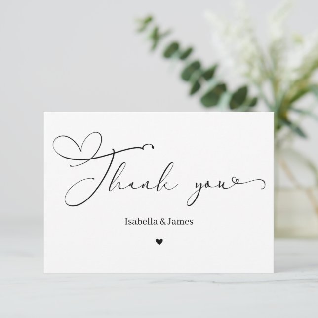 Carte De Remerciements Élégant Calligraphie Simple Cœur Mariage  (Debout devant)