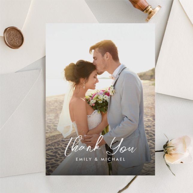 Carte De Remerciements Elegant Calligraphy Dusty Blue Photo Wedding  (Elegant photo thank you card with white calligraphy script)