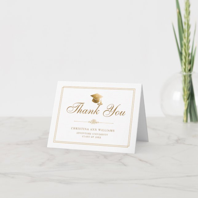 Carte De Remerciements Élégant Casquette de script d'or blanc (Devant)