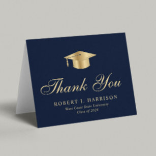 Carte De Remerciements Élégant Casquette Gold Grad Bleu Graduation
