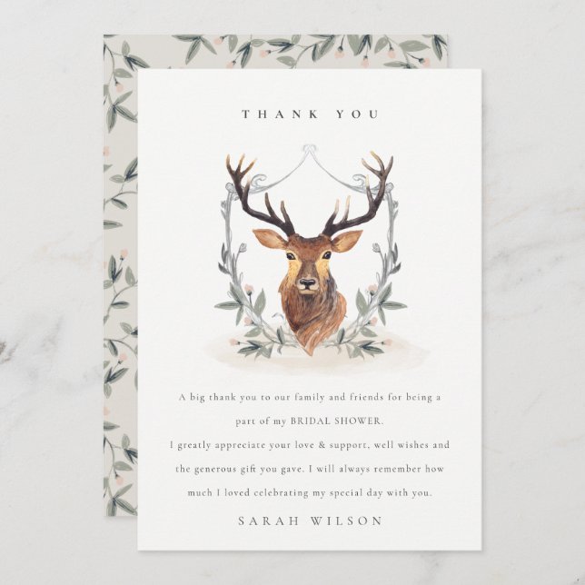 Carte De Remerciements Élégant Cerf Crépusculaire Mignon Couronne Florale (Devant / Derrière)