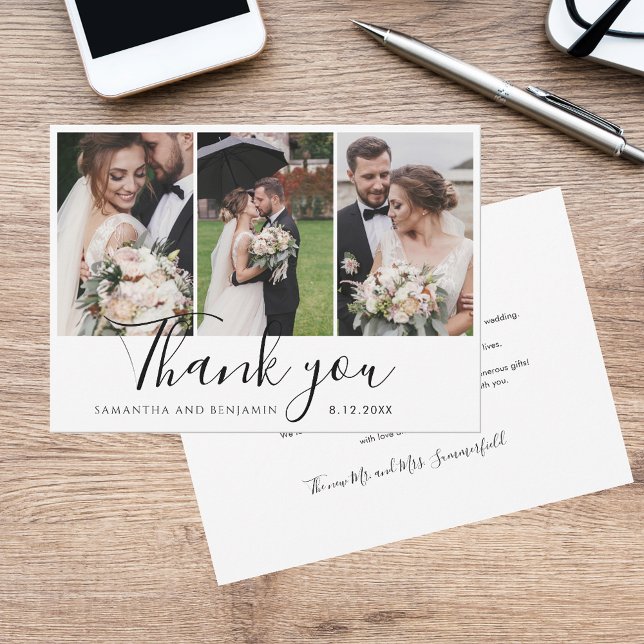 Carte De Remerciements Élégant Chic 3 Mariage Photos Script (Elegant Chic 3 Wedding Photos Script Thank You Card)