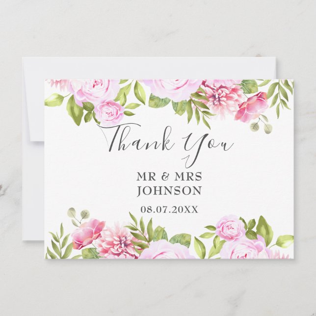 Carte De Remerciements Élégant Chic Blush Rose Vert Vert Mariage Floral (Devant)