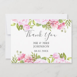 Carte De Remerciements Élégant Chic Blush Rose Vert Vert Mariage Floral