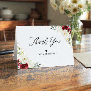 Carte De Remerciements Élégant Chic Bourgogne Rouge Blanc Fleurs Mariage
