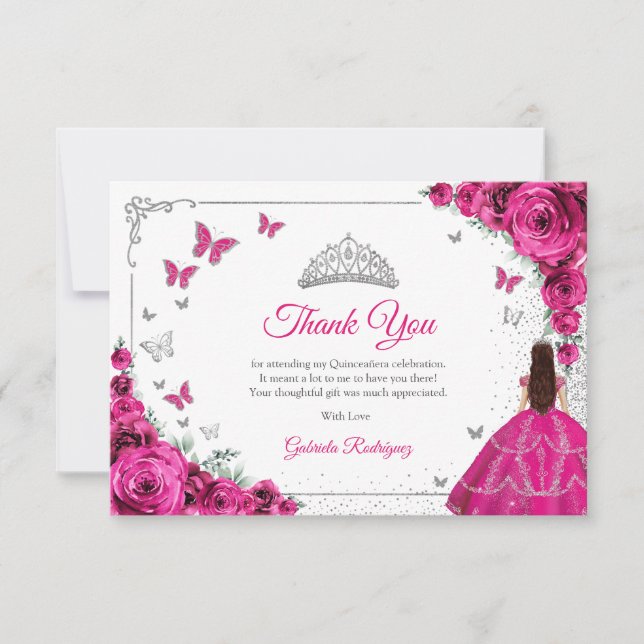 Carte De Remerciements Elegant Chic Fuchsia Pink Roses Silver Quinceanera (Devant)