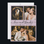 Carte De Remerciements Élégant Chic Lilac 3 Photo Collage Mariage<br><div class="desc">Moderne, élégant "Amour et Merci" Script Lilac Mariage 3 Photo Collage Carte de remerciements. Élégant, chic, carte de remerciements mariage modèle avec trois (3) photos sur le devant et une (1) photo sur le dos. Avec le texte "Amour et merci" script dans une tourbillonnant police de typographie lettrée à la...</div>