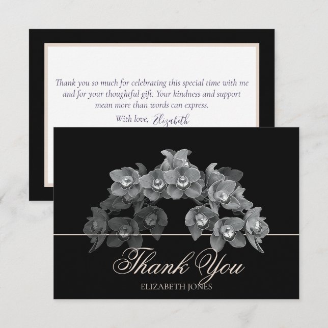 Carte De Remerciements Elegant Chic Modern Black White Orchid Thank You (Devant / Derrière)